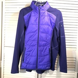 Eddie Bauer purple navy soft shell jacket hood
